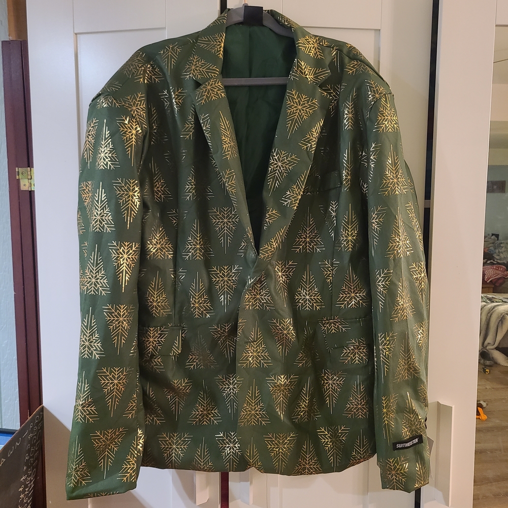 NWT Dark Green Blazer with Metallic Gold Christmas Tree Patterns